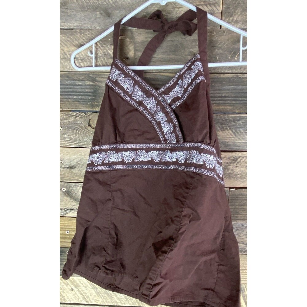 Cato Women's Sz L Brown Cotton Tie Neck Side Zip Embroidered Halter Top